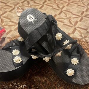 Black Sandals with Pearl Embellishments